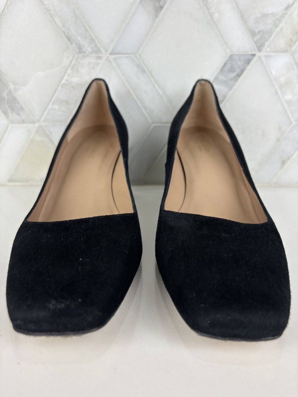 10 LK Bennett Sally Square Toe Pump Heel Court Black Leather Suede Block Heel - Picture 2 of 14
